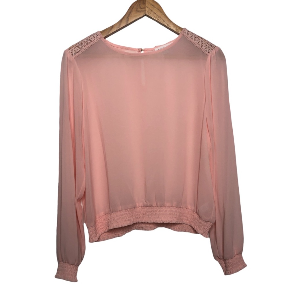 Socialite Pink Lace Shoulder Semi Sheer Chiffon Long Sleeved Top XL NEW